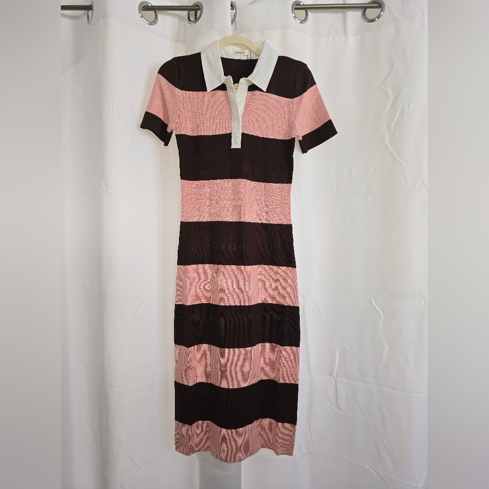 Active USA Striped Knit Polo Midi Dress - Pink & Brown Preppy Collared Sheath - Picture 7 of 15